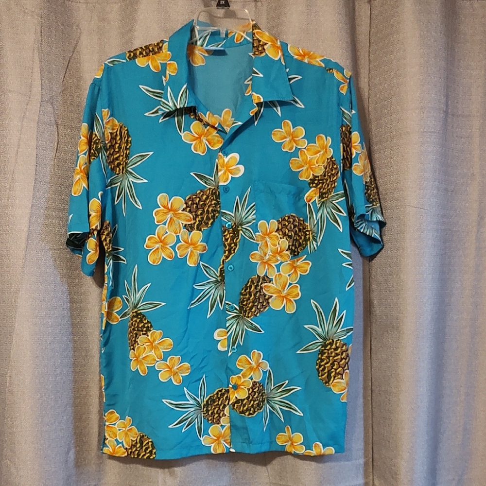 On Shore Turquoise Yellow & Pineapple Print Button Down Hawaiian Shirt Sz XXL